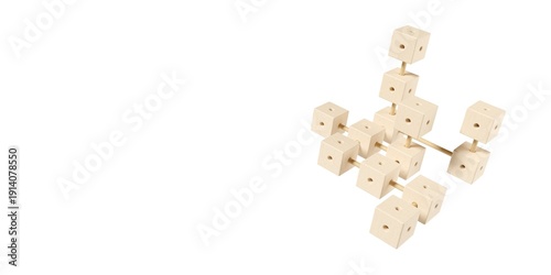 Grid or network from wooden cubes isolated on white background with copy space, business network, organization or team structure concept