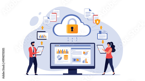 Dedicated cyber security professionals managing protected cloud storage and sensitive business data on several digital screens.