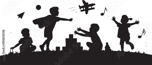 Silhouette of children playing with toys and flying a kite