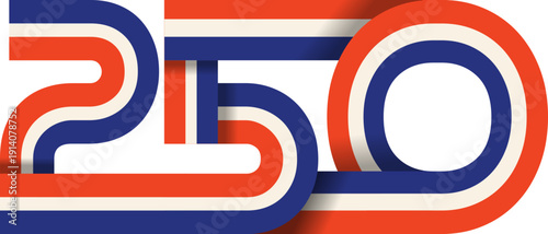 250 ribbon lettering number for United States of America 250th anniversary celebration. Happy 4th of July USA Independence Day vector element.