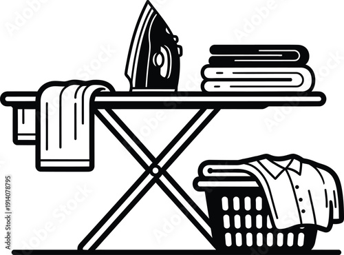 Ironing board with electric iron and laundry basket full of clothes line art vector illustration for housekeeping concept.