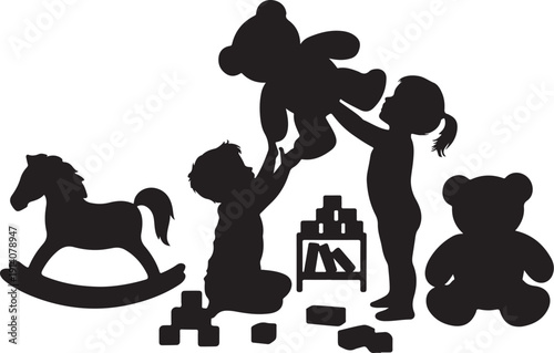 Silhouette of children playing with toys and rocking horse