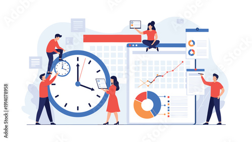 Creative illustration of a professional team managing time and schedules with a large clock, calendar, and data analytics dashboards.