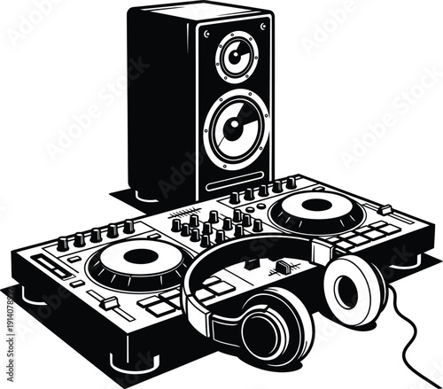 Professional dj mixer console with headphones and loud speaker monitor vector illustration for music party.