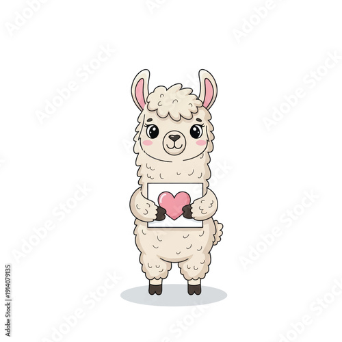 Adorable cartoon alpaca holding a heart, a cute character expressing love and warmth.