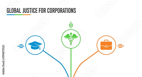 Infographic illustration of a diverse team collaborating on a global social justice project in a modern office setting with icons representing education, the environment, and business.