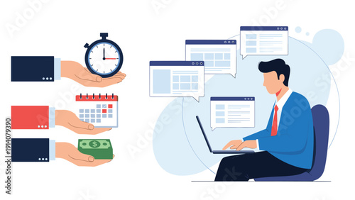 Business professional working on a laptop while hands offer symbolic icons of time management, scheduling, and financial reward.