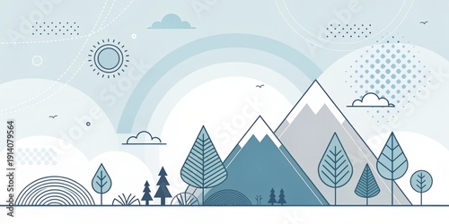 Stylized flat illustration of a cheerful blue sky landscape with mountains and trees