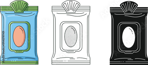 Wet wipes packaging illustration set showing colored, outline, and silhouette styles for hygiene product design vector collection usage
