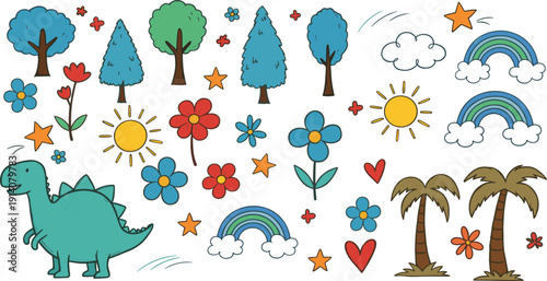 Vibrant Hand-Drawn Nature Doodle Set Featuring a Teal Stegosaurus Dinosaur Tropical Palm Trees and Colorful Floral Icons