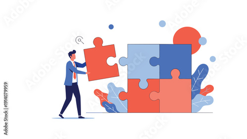 Determined businessman fitting the last piece into a large colorful jigsaw puzzle representing problem solving and completion.