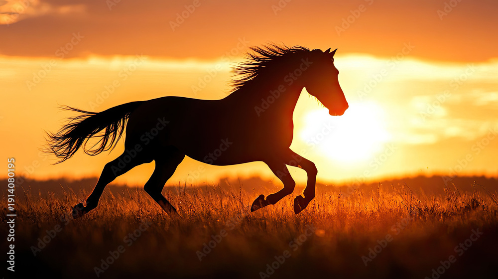 custom made wallpaper toronto digitalA silhouette of a running horse against a stunning sunset sky. The horse is captured mid-stride, exuding power and freedom AI Generative