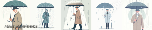 Vector Illustration of a Elderly Man Holding an Umbrella in the Rain