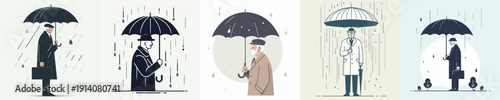 Vector Illustration of a Elderly Man Holding an Umbrella in the Rain