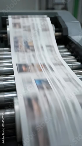 Automated offset printing press rollers processing newspaper sheets at high speed in an industrial factory, depicting mass media production.