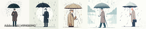 Vector Illustration of a Elderly Man Holding an Umbrella in the Rain
