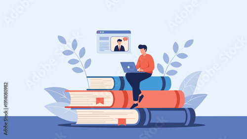 Creative illustration of a student using a laptop while sitting on books and watching an online educational video tutorial.
