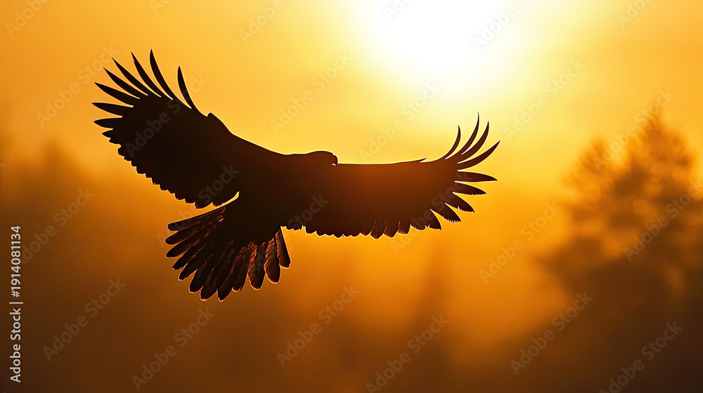 Obraz premium An eagle soaring gracefully against the golden sunset sky, showcasing its majestic wingspan and silhouette AI Generative
