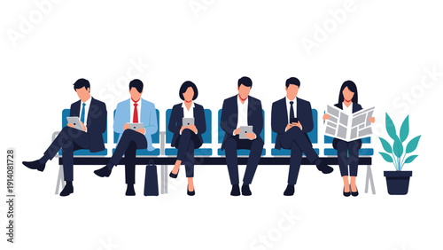 Diverse group of professional candidates sitting in a waiting room while using their tablets and reading the newspaper.