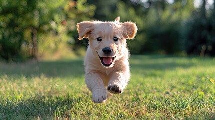 Golden retriever puppy running on green grass field during sunny day, playful energetic dog outdoor lifestyle and nature photography
