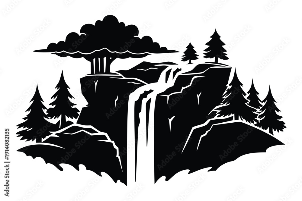 Fototapeta premium Waterfall Cliff Silhouette with Forest and Mist