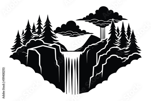  Waterfall Cliff Silhouette with Forest and Mist