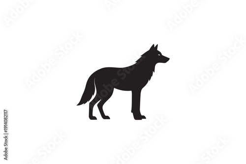 Black silhouette of a wolf standing alertly, looking right with intense eyes, representing wild nature and power