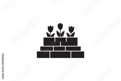 Three black silhouette tulips planted in a black silhouette brick flowerbed on a white background simple garden decor element