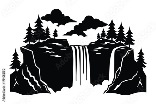  Waterfall Cliff Silhouette with Forest and Mist