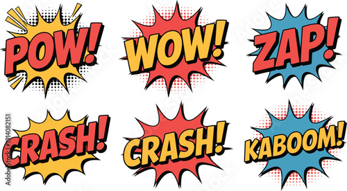 Set of colorful comic book style sound effects with bold text inside explosion shapes on a white field