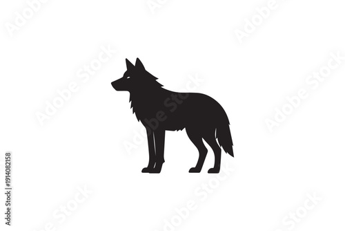 Stylized black silhouette of a wolf standing in profile with distinct fur and features against a clean white background