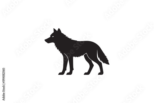 Stylized black silhouette of a wolf standing in profile with distinct fur and features against a clean white background