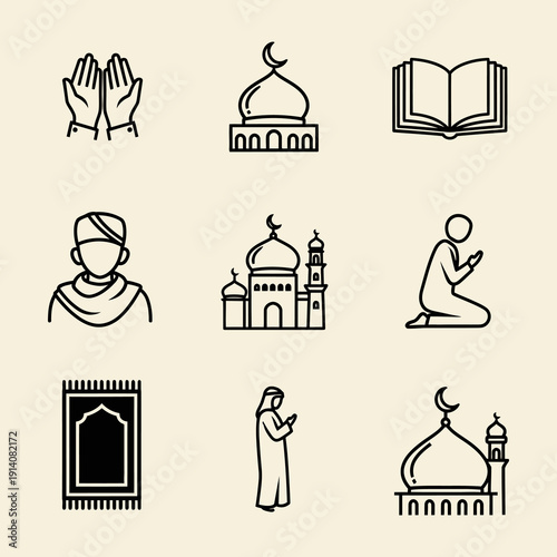 Islamic symbols and icons representing prayer and worship.