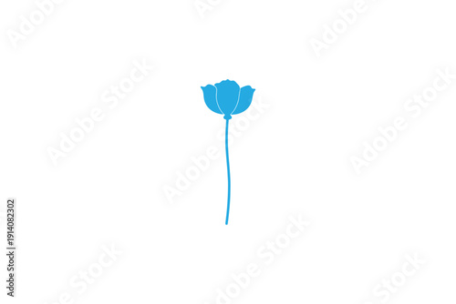 A minimalist blue silhouette of a single delicate flower with a long stem on a pristine white background representing nature