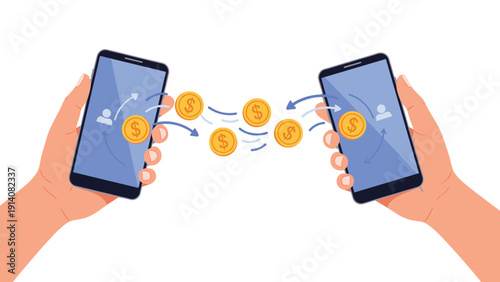 Close up of two hands holding smartphones with symbolic gold coins transferring wirelessly between the digital screens.