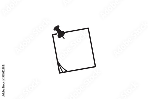 Outline of square sticky note pinned with pushpin, clean line art on white background, simple reminder or message icon