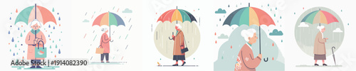 Vector Illustration of a Elderly Woman Holding an Umbrella in the Rain