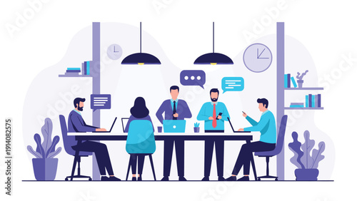 Business team collaborating at a large table in a stylish purple-themed office with laptops and overhead ceiling lamps.