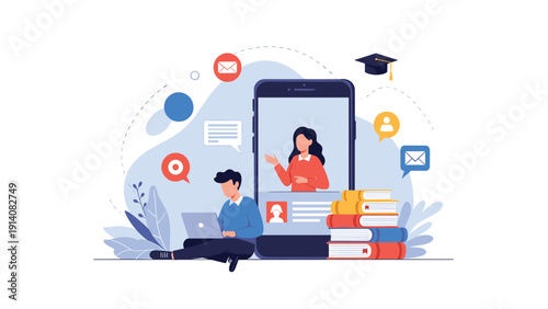 Young student learning remotely on a laptop with a giant smartphone screen displaying an online teacher and educational icons.