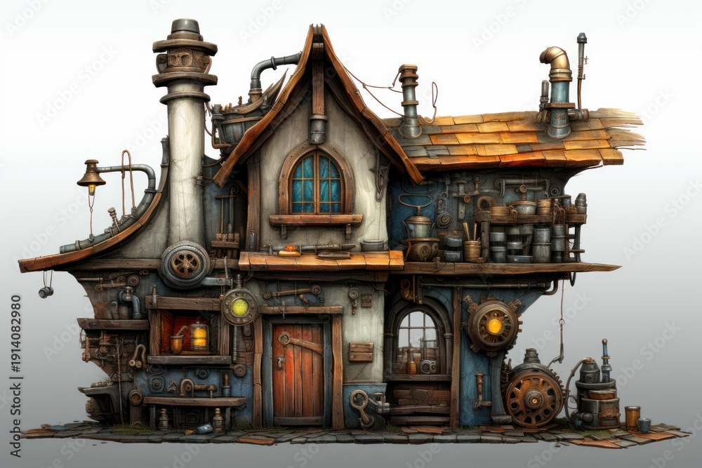 Obraz premium Intricate steampunk style building featuring mechanical gears, pipes, and old world elements