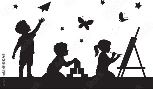 Three children playing with toys and painting on easel