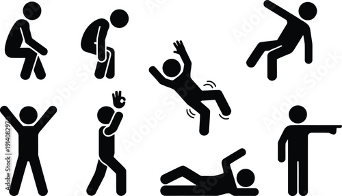 Set of simple black stick figures illustrating various human actions including standing and falling