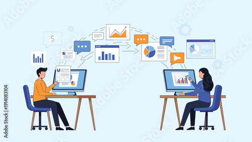 Two professional colleagues working at separate desks with a dynamic flow of data charts and messages between them.