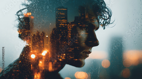 A man's silhouette with city lights in his mind, contemplating life