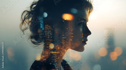 A portrait of a woman looking thoughtfully at the city with an artistic touch