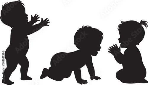 Three Children Silhouettes in Different Poses black