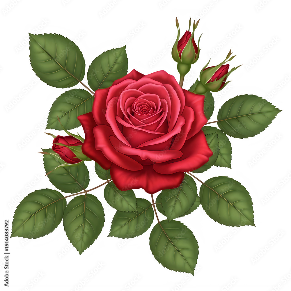 Naklejka premium A red rose with green leaves and buds