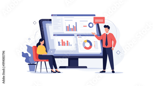 Professional team analyzes complex business data and statistics displayed on a large monitor to make informed corporate decisions together.