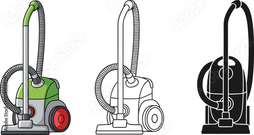Canister vacuum cleaner illustration set in color, outline, and solid styles isolated for household cleaning, appliance design, and home maintenance concepts