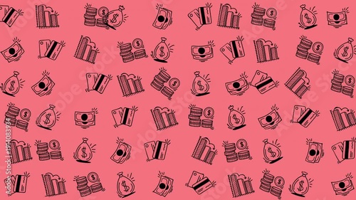 Perfect for financial services marketing materials, presentations, and web graphics. Red background with stacks of money and bags. Wealth concept.